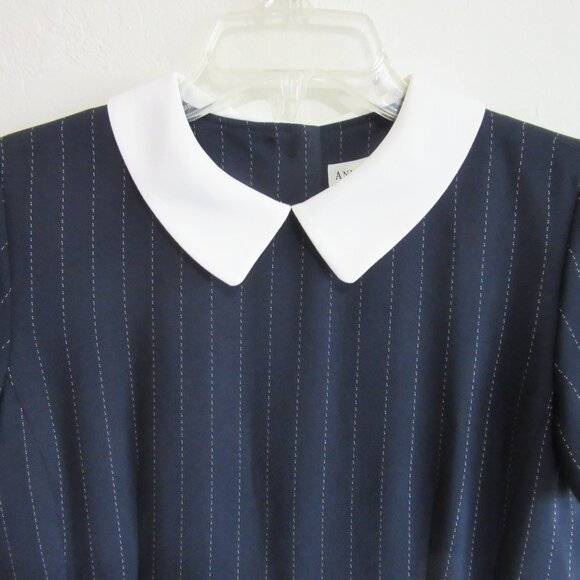 ANN TAYLOR Black Stripe Size 4 Collar Back Button Closure Career Dress - Picture 2 of 4